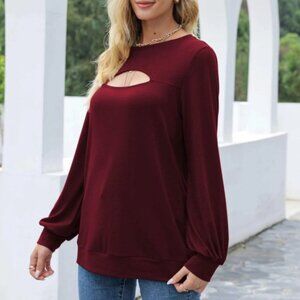 Anna Kaci NEW Red Keyhole Long Sleeve Balloon Cuff Edgy Top S M L XL